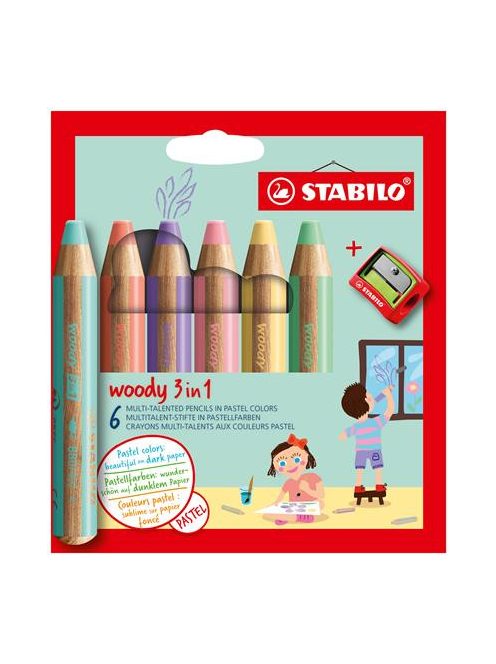 Színes ceruza készlet, kerek, vastag, STABILO "Woody 3 in 1 Pastel", 6 különböző pasztell szín (TST88063)