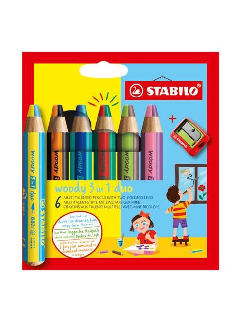 Színes ceruza készlet, STABILO "Woody 3 in 1 duo", 6 dupla vegyes szín (TST88262)