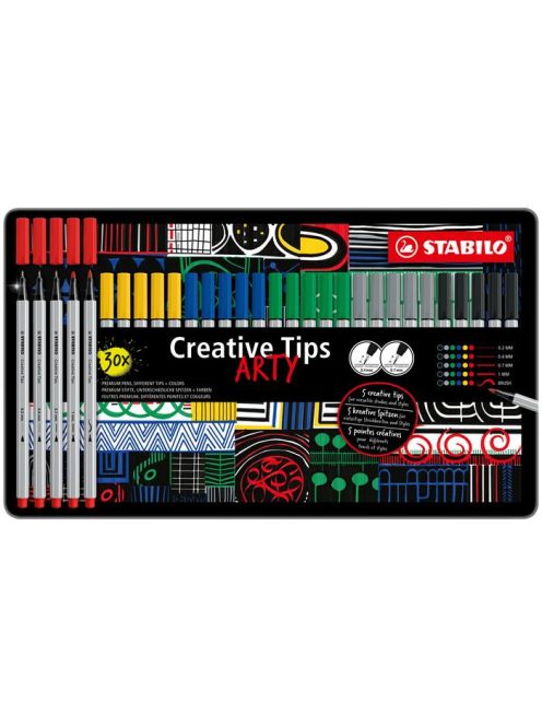 Tűfilc készlet, fém doboz, STABILO "Creative Tips ARTY", 6 különböző szín, 5 különböző vastagság (TST89306120)