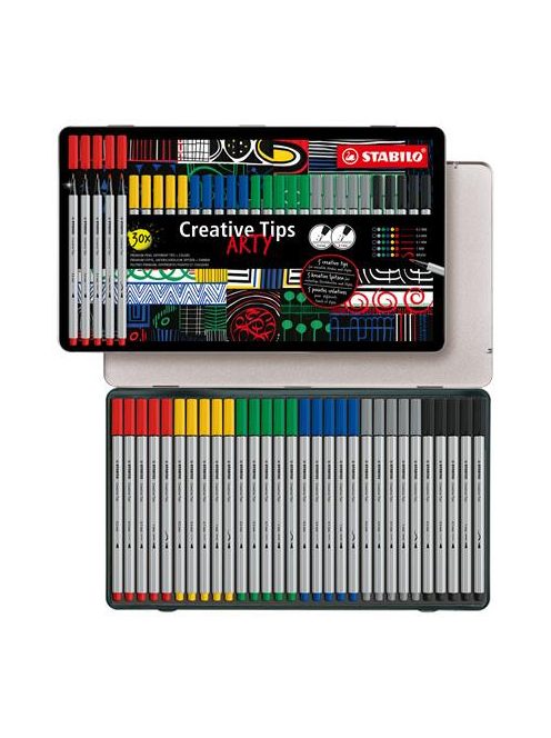 Tűfilc készlet, fém doboz, STABILO "Creative Tips ARTY", 6 különböző szín, 5 különböző vastagság (TST89306120)