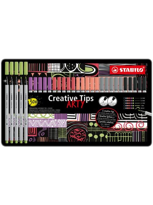 Tűfilc készlet, fém doboz, STABILO "Creative Tips ARTY", 6 különböző pasztell szín, 5 különböző vastagság (TST89306220)