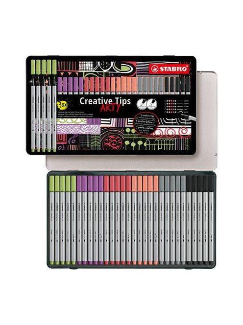Tűfilc készlet, fém doboz, STABILO "Creative Tips ARTY", 6 különböző pasztell szín, 5 különböző vastagság (TST89306220)