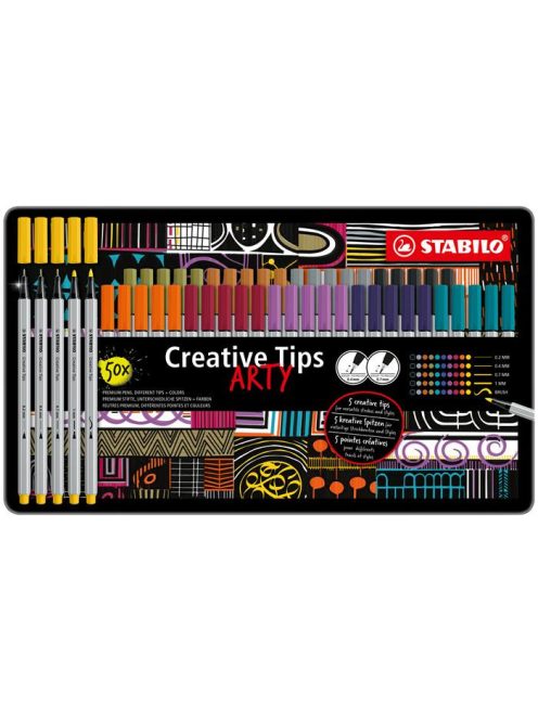 Tűfilc készlet, fém doboz, STABILO "Creative Tips ARTY", 10 különböző szín, 5 különböző vastagság (TST8950620)