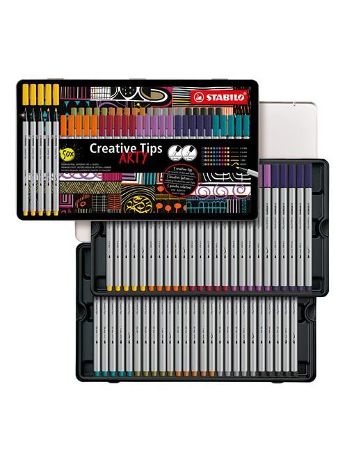 Tűfilc készlet, fém doboz, STABILO "Creative Tips ARTY", 10 különböző szín, 5 különböző vastagság (TST8950620)