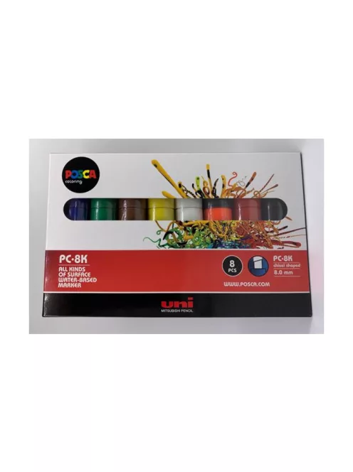 Dekormarker, 8 mm, vágott, UNI "Posca PC-8K", 8 különböző szín (TUPC8K8DB)