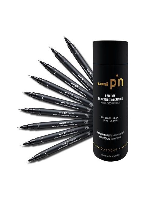 Rajzmarker készlet, UNI PIN "Tube", 9 különböző vonalvastagság, fekete (TUPINTUBE)