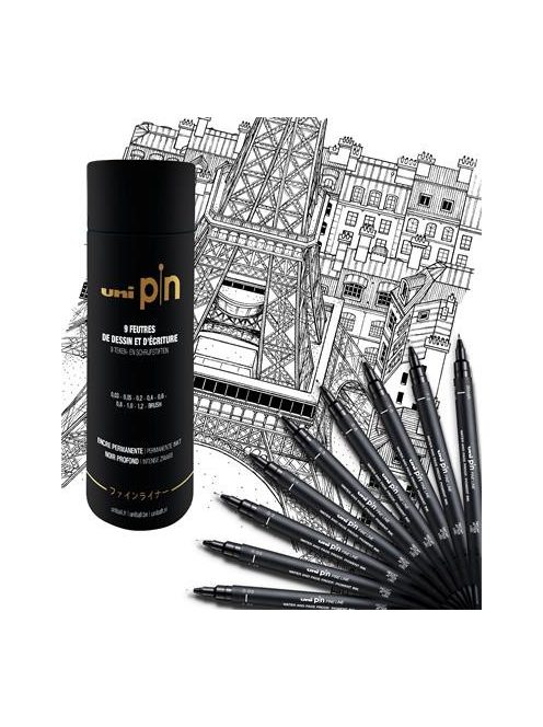 Rajzmarker készlet, UNI PIN "Tube", 9 különböző vonalvastagság, fekete (TUPINTUBE)