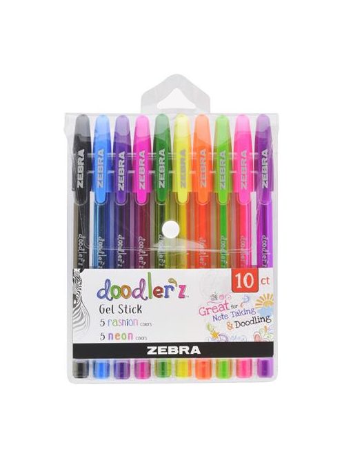 Zseléstoll készlet, 0,33 mm, kupakos, ZEBRA "Doodler'z Neon & Fashion", 10 vegyes szín (TZ02618)