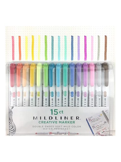 Szövegkiemelő készlet, 1,4/4 mm, kétvégű, ZEBRA "Mildliner Highlighter", 15 különböző szín (TZ78115)