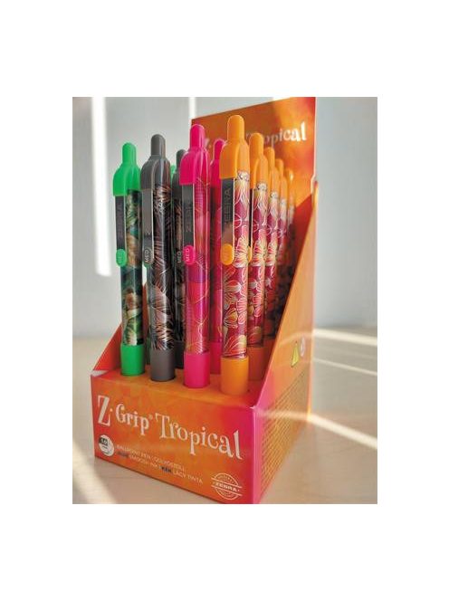 Golyóstoll display, 0,27 mm, nyomógombos, ZEBRA "Z-Grip Tropical", kék, 4 különböző minta (TZ89621)
