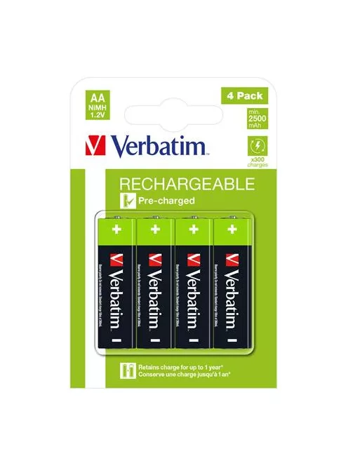 Tölthető elem, AA ceruza, 4x2500 mAh, VERBATIM (VAKUAA)